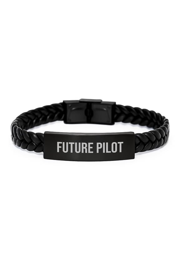 Future Pilot's Inspirational Quote Interlaced Leather Wristband, Gifts from Friends for Pilot Graduation, Men's or Women's Stainless Steel PU Leather Strap
