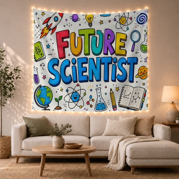 Future Scientist Among Rockets and Lab Doodles, Playful Illustration for Science Lovers, Educational Space Art, Graduation Gift, Tapestry Wall Hanging for Classroom and Dorm