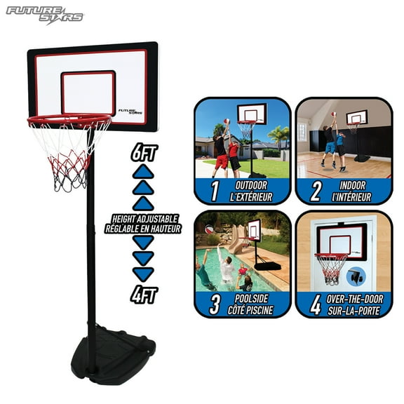 Future Stars 4 in 1 Basketball System Backboard with Metal Rim, Height Adjustable Metal Poles with Base