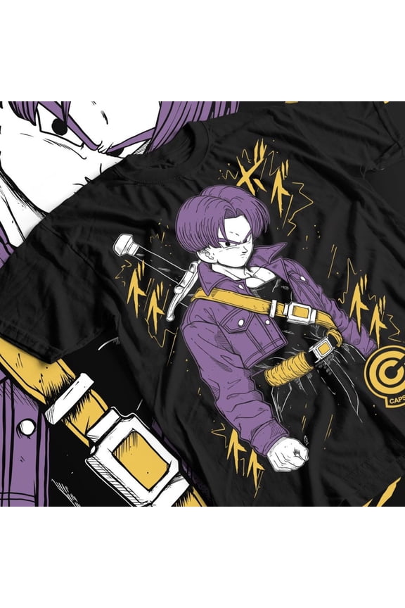 Future Trunks Capsule Corp Jacket & Sword Graphic Black T-Shirt, Time Traveler Saiyan Tee, Retro Manga Top