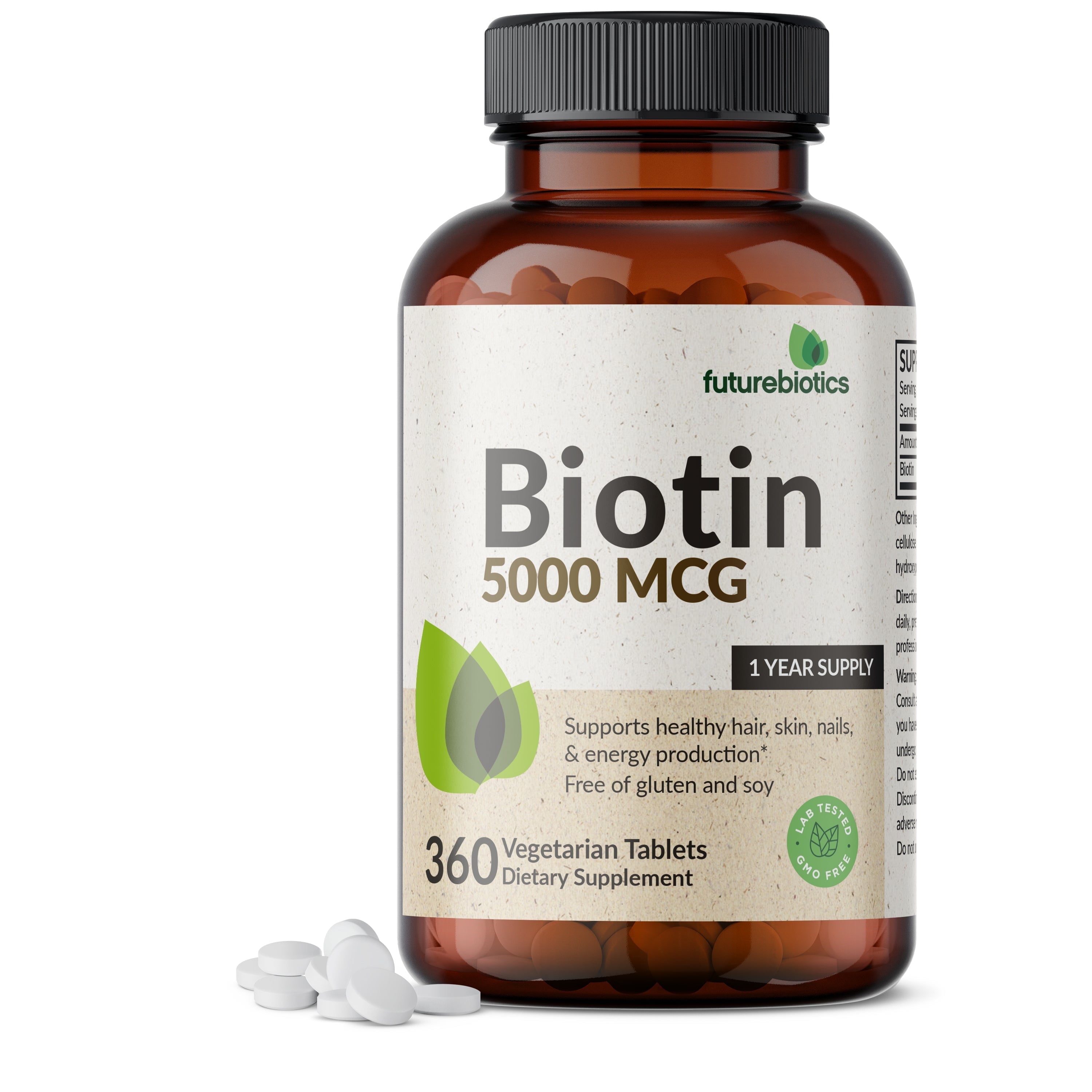 Futurebiotics Biotin 5000 MCG Supports Healthy Hair, Skin, Nails & Energy Production Non-GMO, 360 Vegetarian Tablets (1 Year Supply)
