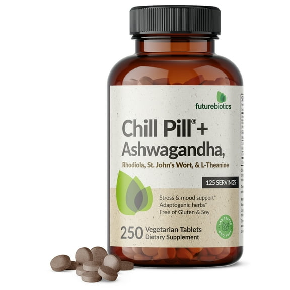 Futurebiotics Chill Pill + Ashwagandha, Rhodiola, St. John’s Wort, & L-Theanine 2000 MG per Serving Stress & Mood Support - Non-GMO, 250 Vegetarian Tablets