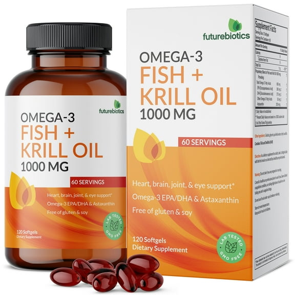 Futurebiotics Omega-3 Fish + Krill Oil Heart Health, 1000 MG, Non- GMO 120 Softgels
