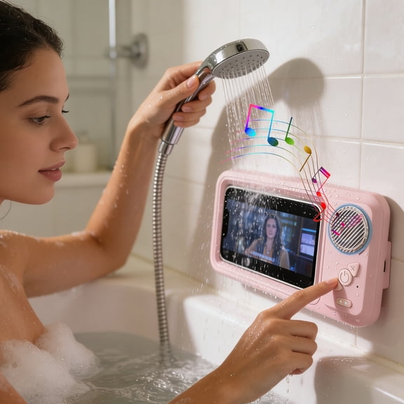 Futurismo Waterproof Shower Phone Holder with 360° Rotation, Angle Adjustable, Enhanced Sound Quality, Wall Mounted Phone Holder for Bathroom Mirror Bathtub Kitchen, Up to 7 Inch