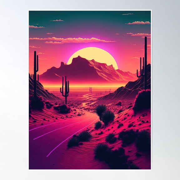 Futurist Horizons: A Synthwave Mountain Scene Poster Wall Art, Modern Wall Decor, 8x12 UNFRAMED
