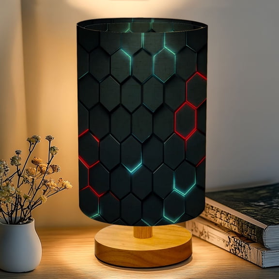 Futuristic 16-Color Dimmable Table Lamp, Futuristic Matte Black Honeycomb Neon Glowing Bedside Lamp Nightstand Light for Bedroom Nursery, Wood Base Fabric Shade Reading Lamps Gifts for Kids