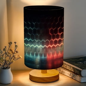 Futuristic 16-Color Dimmable Table Lamp, Technological hexagonal blue neon illumination Bedside Lamp Nightstand Light for Bedroom Nursery, Wood Base Fabric Shade Reading Lamps Gifts for Kids