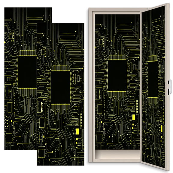 Futuristic 2 Pcs School Locker Magnetic Wallpaper 12" x 36" Abstract Yellow Connections Technology electronic microchip Reusable Removable Locker Accessories Back to School Supplies