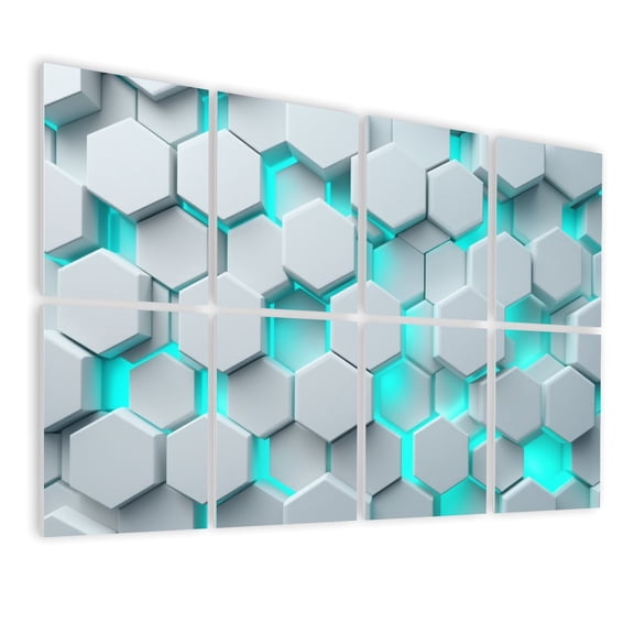 Futuristic 8 Pack Art Acoustic Panels Sound Absorbing 3D White Hexagonal Geometric Neon Blue Glow Decorative Soundproof Wall Panels Self Adhesive for Nursery Game Room Boys Bedroom 48"x32"