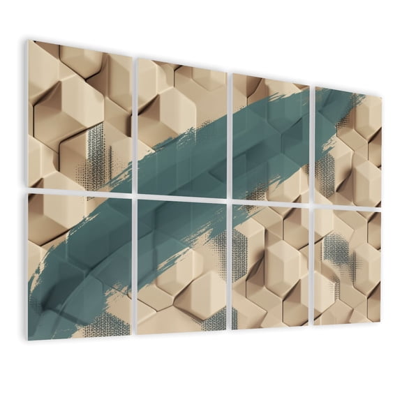 Futuristic 8 Pack Art Acoustic Panels Sound Absorbing Abstract 3D Geometric Beige Cubes Teal Brush Stroke Decorative Soundproof Wall Panels Self Adhesive for Nursery Game Room Boys Bedroom 48"x32"