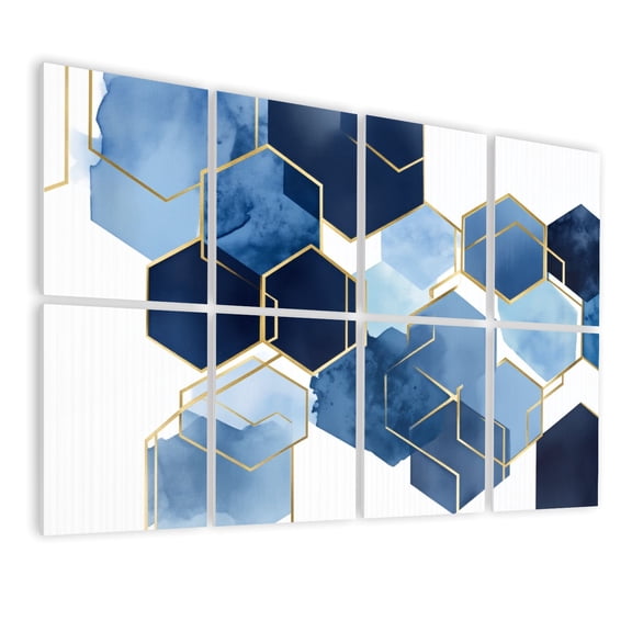 Futuristic 8 Pack Art Acoustic Panels Sound Absorbing Abstract Blue Hexagon Gold Lines Watercolor Decorative Soundproof Wall Panels Self Adhesive for Nursery Game Room Boys Bedroom 48"x32"