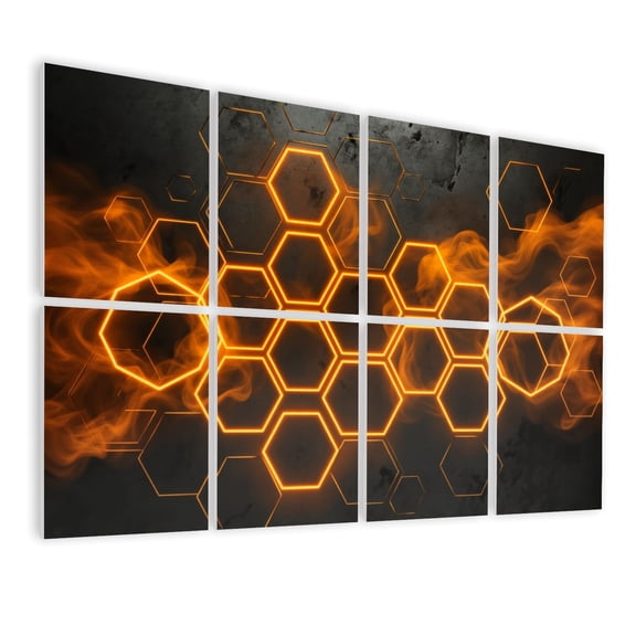 Futuristic 8 Pack Art Acoustic Panels Sound Absorbing Abstract Honeycomb Design Fiery Orange Glow Dark Decorative Soundproof Wall Panels Self Adhesive for Nursery Game Room Boys Bedroom 48"x32"