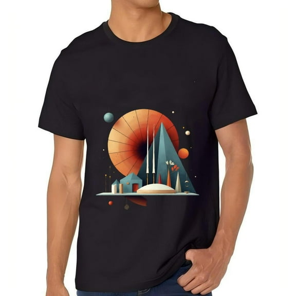 Futuristic Abstract Cityscape Cotton Short Sleeve T-Shirt for Men - Geometric Shapes Elements Orange Dome & Blue Design