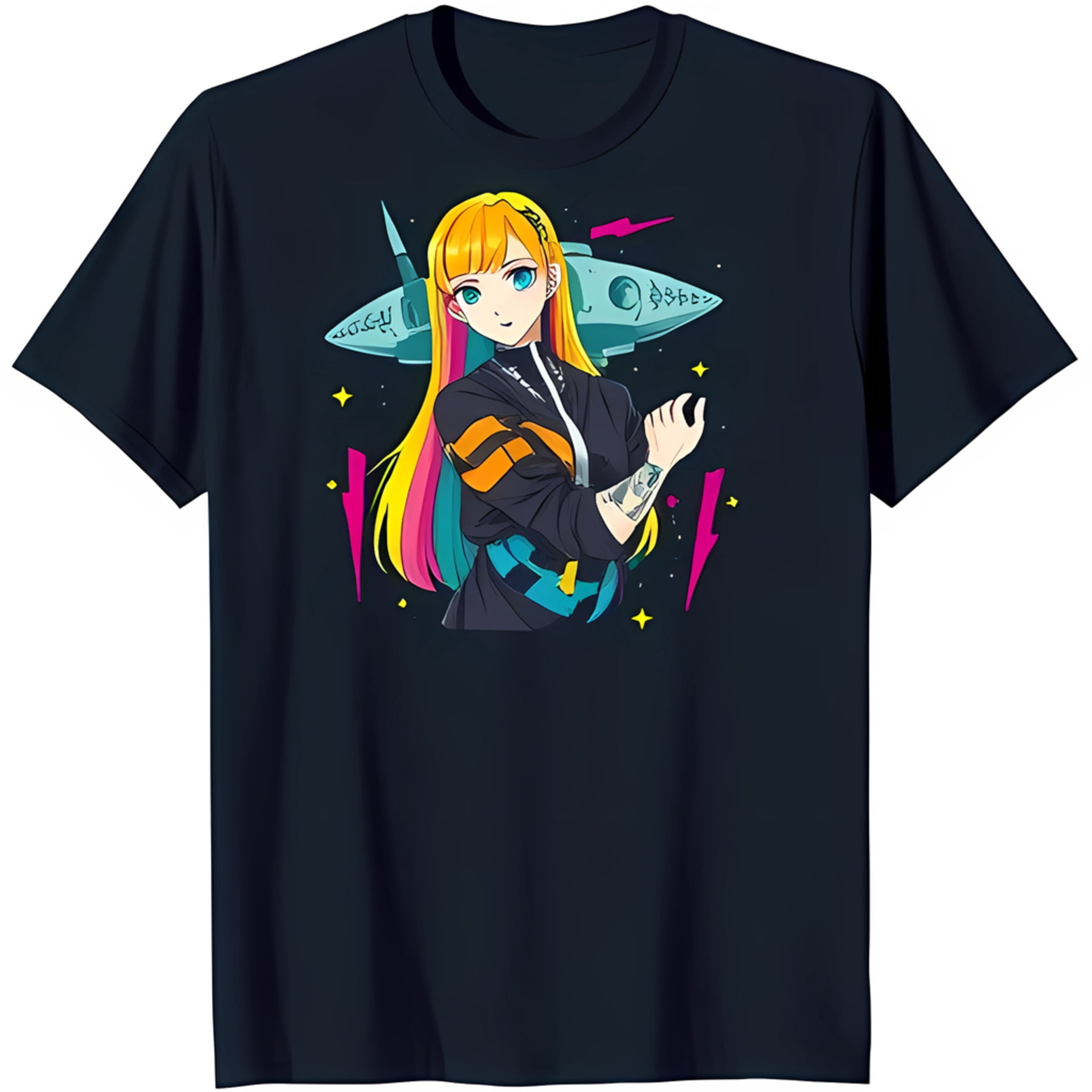 futuristic-anime-girl-t-shirt-eyes-pink-blue-hair-edgy-pose-black