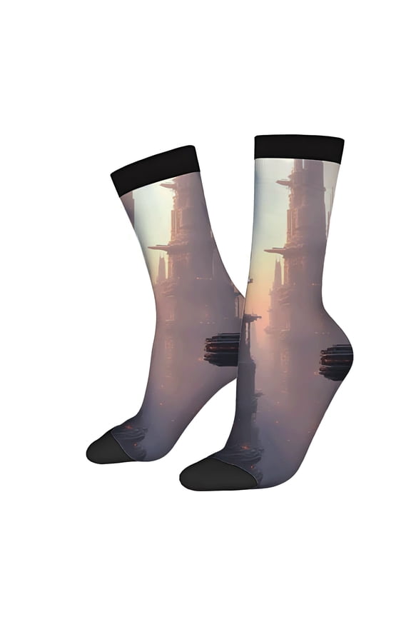 Futuristic Architecture Socks - 2 Pairs of Unisex Trendy Socks with Glowing Elements & Misty Atmosphere Design - Four Seasons Collection