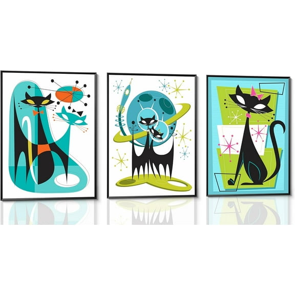 Futuristic Atomic Cats Wall Art Canvas Set Modern Tech Inspired Posters in Blue Green Orange Abstract Geometric Paintings Pictures and Prints Gallery Wall Decor for Living Room Bedroom Unframed