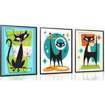 Futuristic Atomic Cats Wall Art Canvas Set Modern Tech Inspired Posters in Blue Green Orange Abstract Geometric Paintings Pictures and Prints Gallery Wall Decor for Living Room Bedroom Unframed