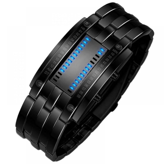 Futuristic Binary Matrix Blue LED Digital Watch Stainless Steel Wristwatch
