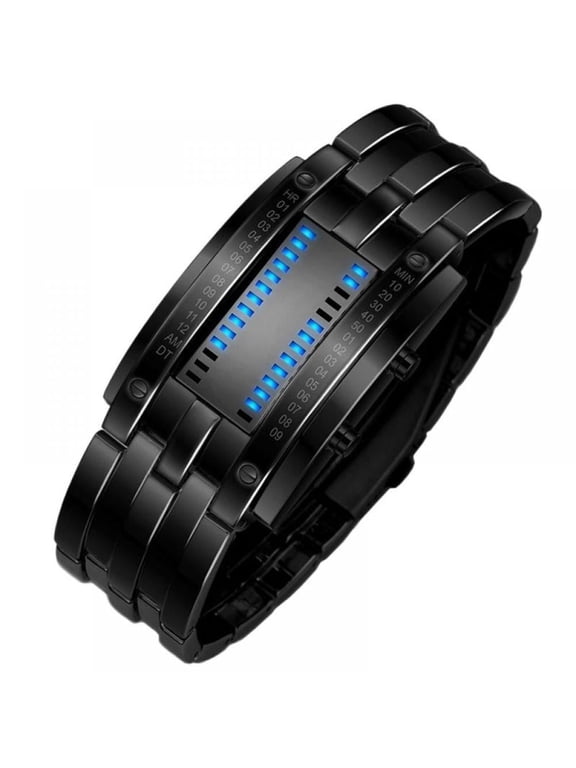 Futuristic Binary Matrix Blue LED Digital Watch Stainless Steel Wristwatch