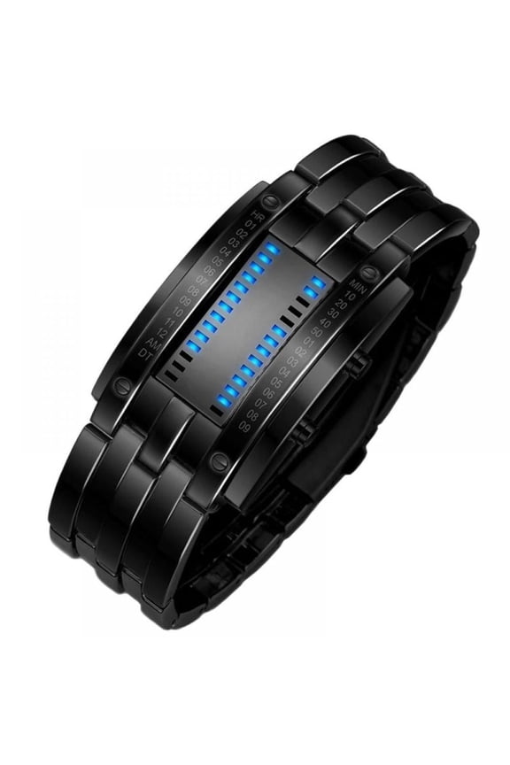 Futuristic Binary Matrix Blue LED Digital Watch Stainless Steel Wristwatch