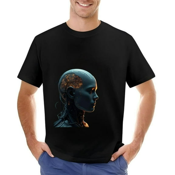 Futuristic Black Cotton Short Sleeve T-Shirt for Men - Humanoid Robot Head with Glowing Orange Circuitry Design