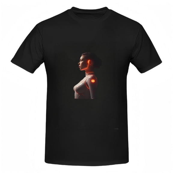Futuristic Black Cotton Tee for Women - Sleek Humanoid Robot Design with Glowing Orange Accents - Cyberpunk Aesthetic Short Sleeve Top
