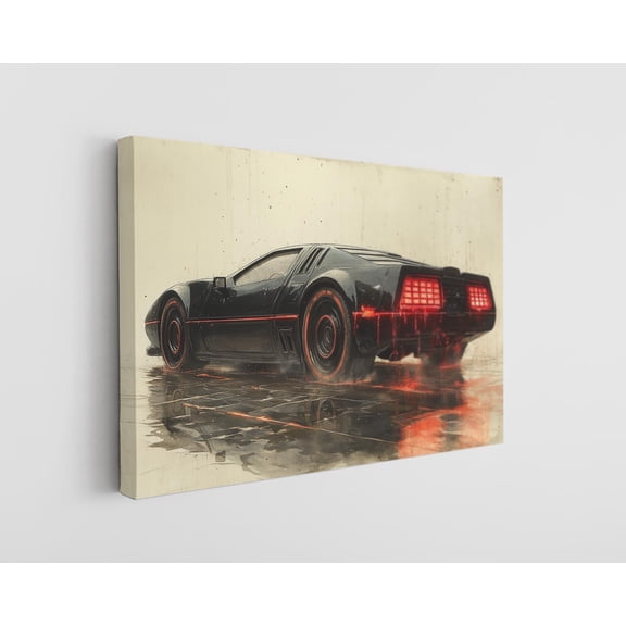 Futuristic Black DeLorean DMC-12 Canvas Print - Retro Sci-Fi Car Wall Art - High-Quality Watercolor Design - Handcrafted Home Decor - Ready-to-Hang or Rolled Options