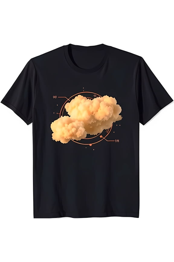 Futuristic Black T-Shirt with Glowing Cloud Graphic in Circular