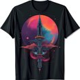 thumbnail image 1 of Futuristic Black T-Shirt with Striking Skyscraper Spacecraft Graphic, 1 of 5
