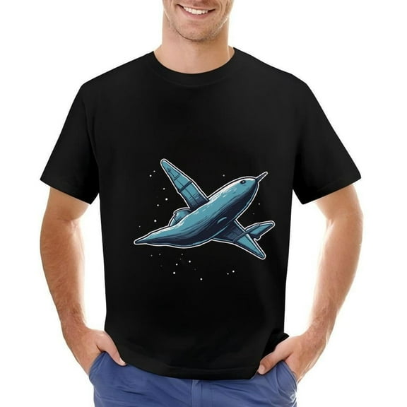 Futuristic Blue Whale in Cotton Short Sleeve T-Shirt for Men - Space-Themed Marine Life Design with Stars