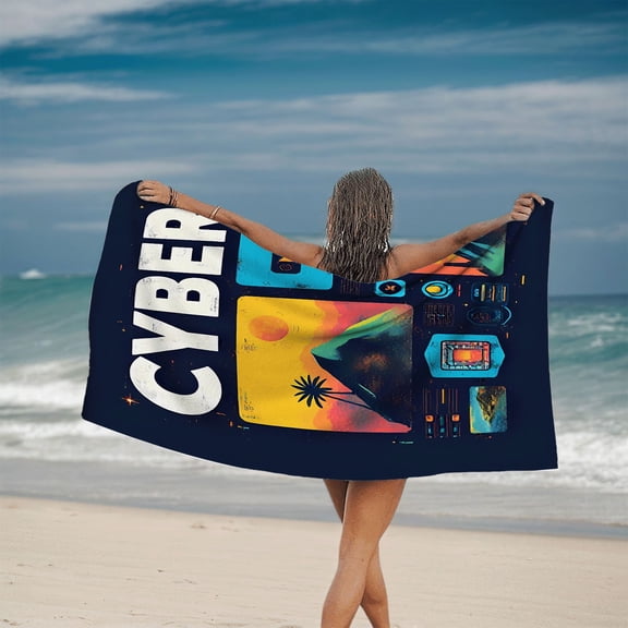 Futuristic ' CYBER ' Design Beach Towel - Vibrant Sunset Mountain & Palm Tree Pattern Perfect for Pool Travel & Swimming