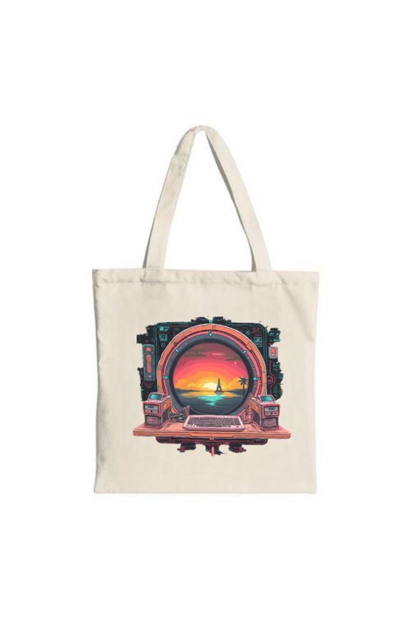 Futuristic Canvas Tote Bag with Sunset Beach Design Retro - Tech Elements Perfect for Shopping Travel & Parties - Stylish & Functional