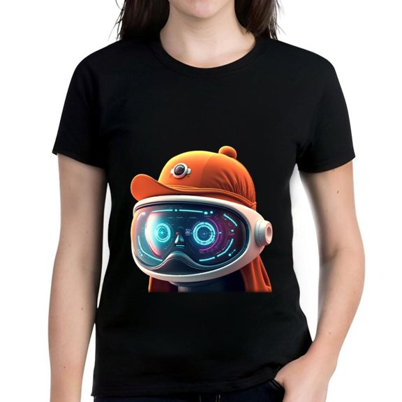 Futuristic Cartoon Character Graphic Cotton Short Sleeve T-Shirt for Women - Vibrant Design with Orange & Glowing Visor