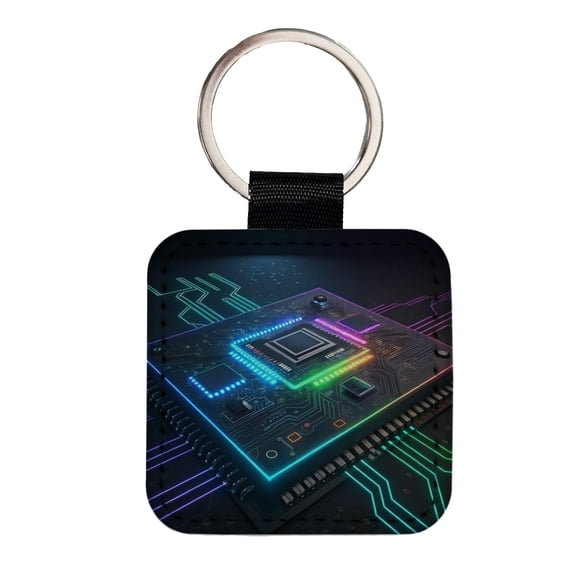 Futuristic Circuit Board Colorful Faux Leather Square Keychain