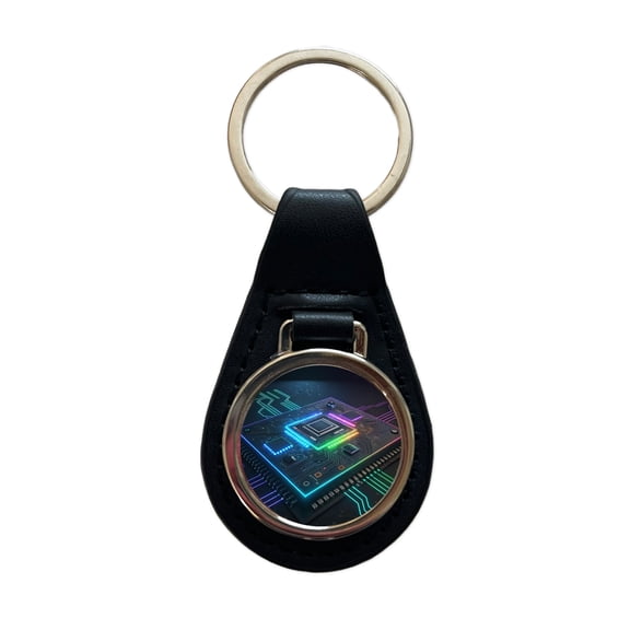 Futuristic Circuit Board Colorful Metal Black Leather Keychain