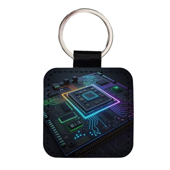 Futuristic Circuit Board Faux Leather Square Keychain