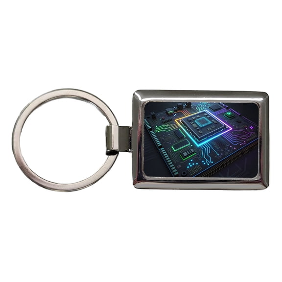 Futuristic Circuit Board Metal Rectangle Keychain