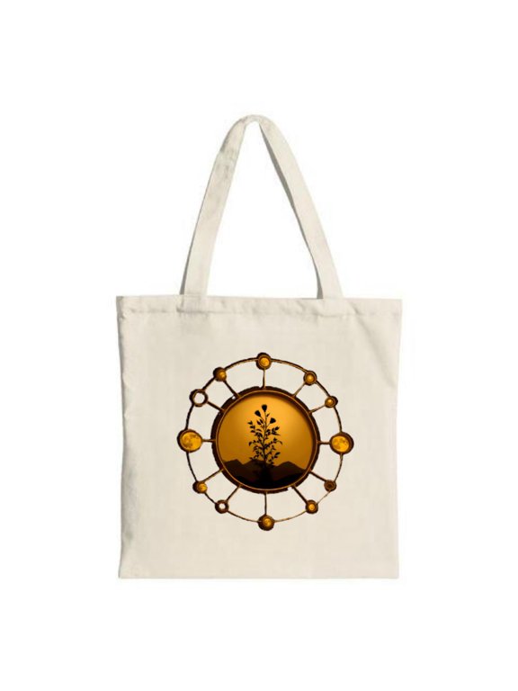 Futuristic Circular Tote Bag with Plant Design Sunset Gradient Background Perfect for Shopping Travel and Parties