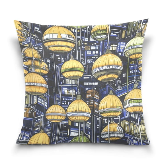 Futuristic City 16x16 Inch Plush Velvet Pillowcase Double Sided Print, Hidden Zipper