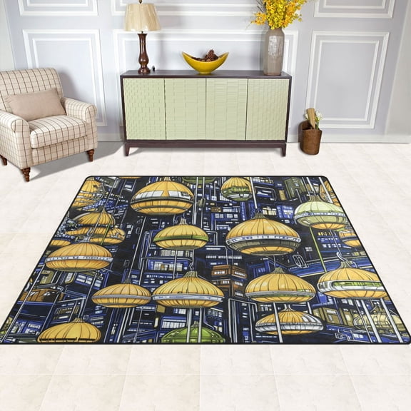Futuristic City 63''x48'' Plush Memory Foam Bath Mat, Soft, Absorbent, Non Slip, Durable