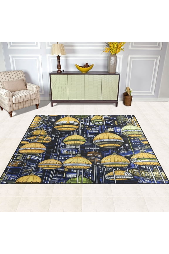 Futuristic City 80''x58'' Extra Large Plush Memory Foam Rug, Soft, Absorbent, Non Slip