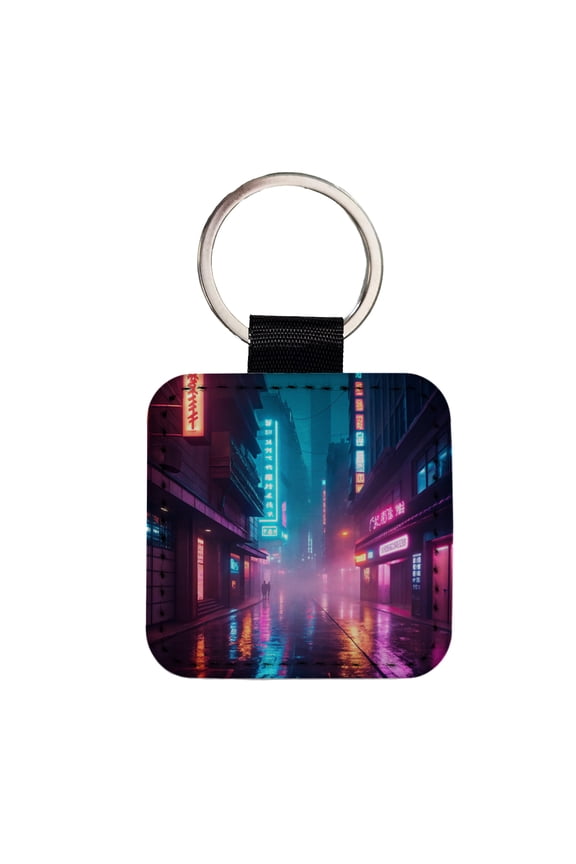Futuristic City Alley Night Glowing Signs Faux Leather Square Keychain