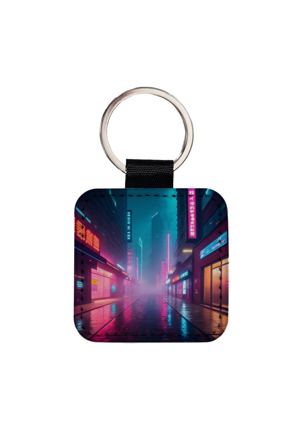Futuristic City Alley Night Glowing Signs Misty Faux Leather Square Keychain