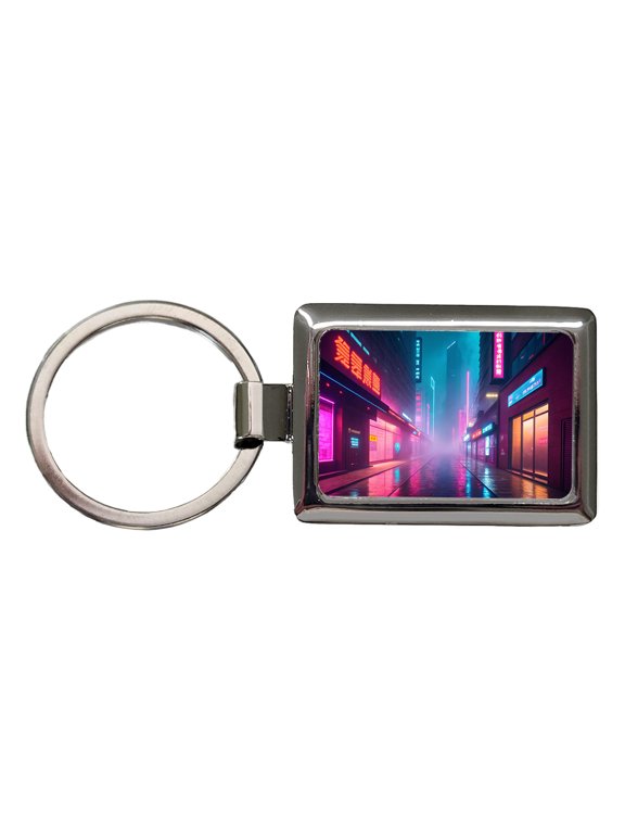 Futuristic City Alley Night Glowing Signs Misty Metal Rectangle Keychain