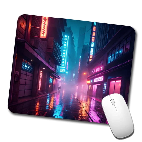 Futuristic City Alley Night Glowing Signs Mouse Pad Low Profile Gaming Mat