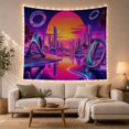 thumbnail image 1 of Futuristic City Among Purple Dunes and Chrome Loops, Dreamy Retro Style for Synthwave Fans, Sci Fi Wall Art, Housewarming Gift, Tapestry Wall Hanging for Bedroom and Gaming Room, 1 of 7