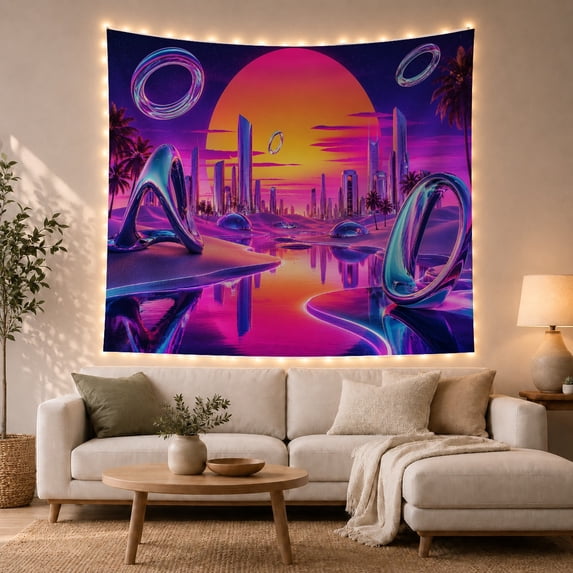 Futuristic City Among Purple Dunes and Chrome Loops, Dreamy Retro Style for Synthwave Fans, Sci Fi Wall Art, Housewarming Gift, Tapestry Wall Hanging for Bedroom and Gaming Room