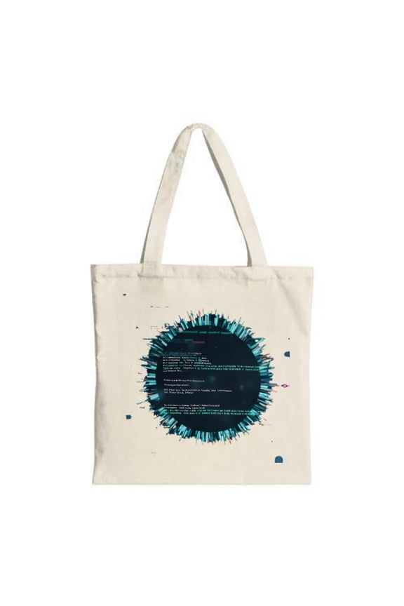 Futuristic City Skyline Tote Bag - Dark Gradient with Lines & Code Snippet Design Perfect for Travel & Shopping