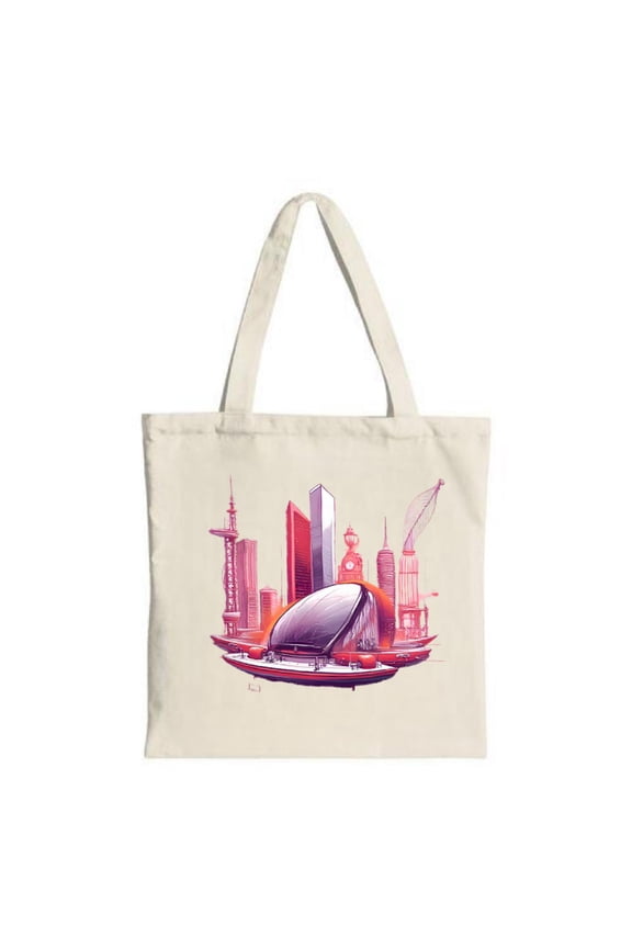 Futuristic City Skyline Tote Bag - Stylish Canvas Vibrant Red & Pink Design Perfect for Shopping Travel & Parties