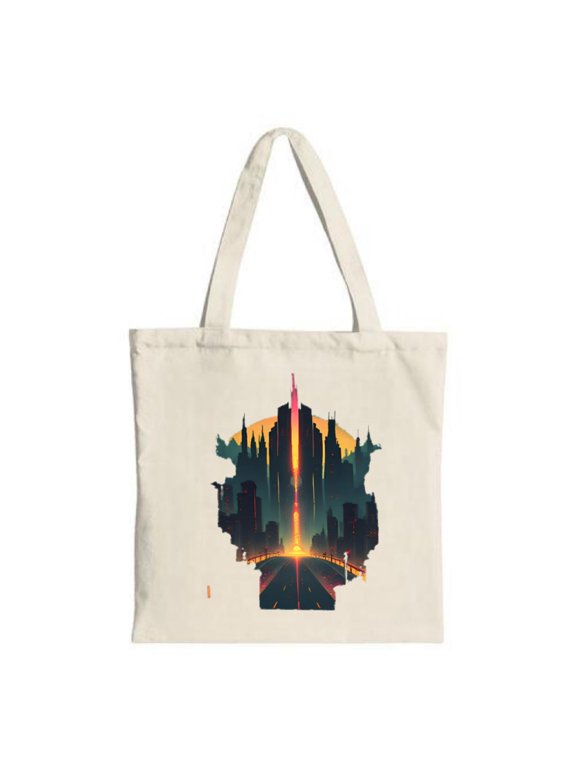 Futuristic City Skyline Tote Bag - Vibrant Colors Stylish Map Design Perfect for Shopping Travel & Parties - Reusable Canvas Bag